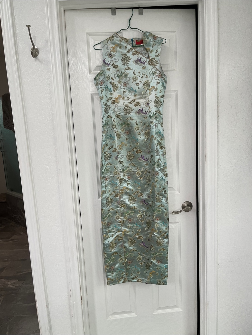 Silk-Blend Light Green Brocade Cheongsam Dress